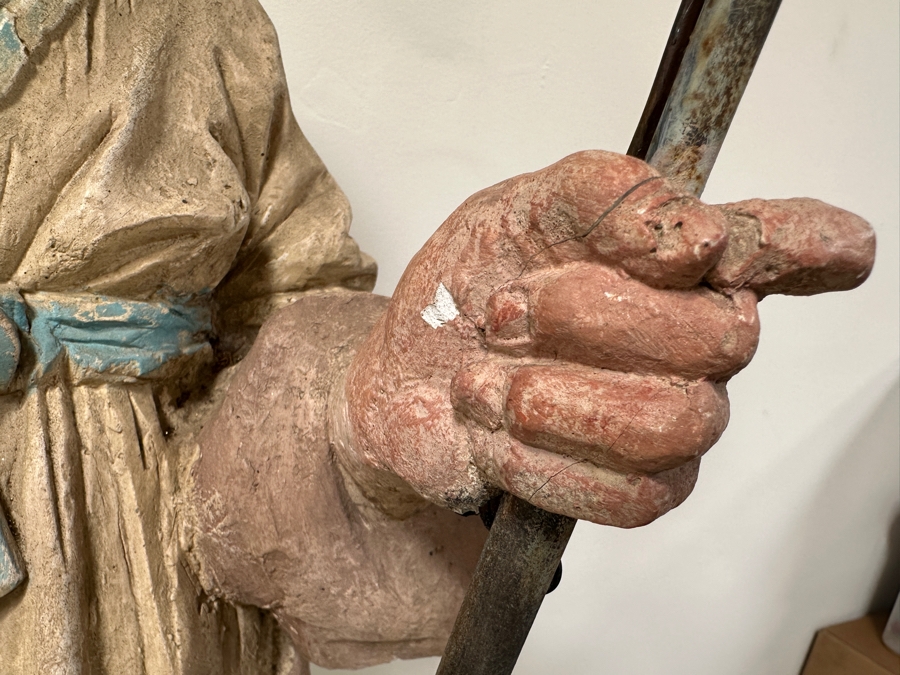 Pair Of 20th Century Hand Painted Polychrome Plaster Saints Holding Wrought Iron Candelabras On Wooden Conforming Bases (One Needs Rewiring) 78'H [Photo 21]