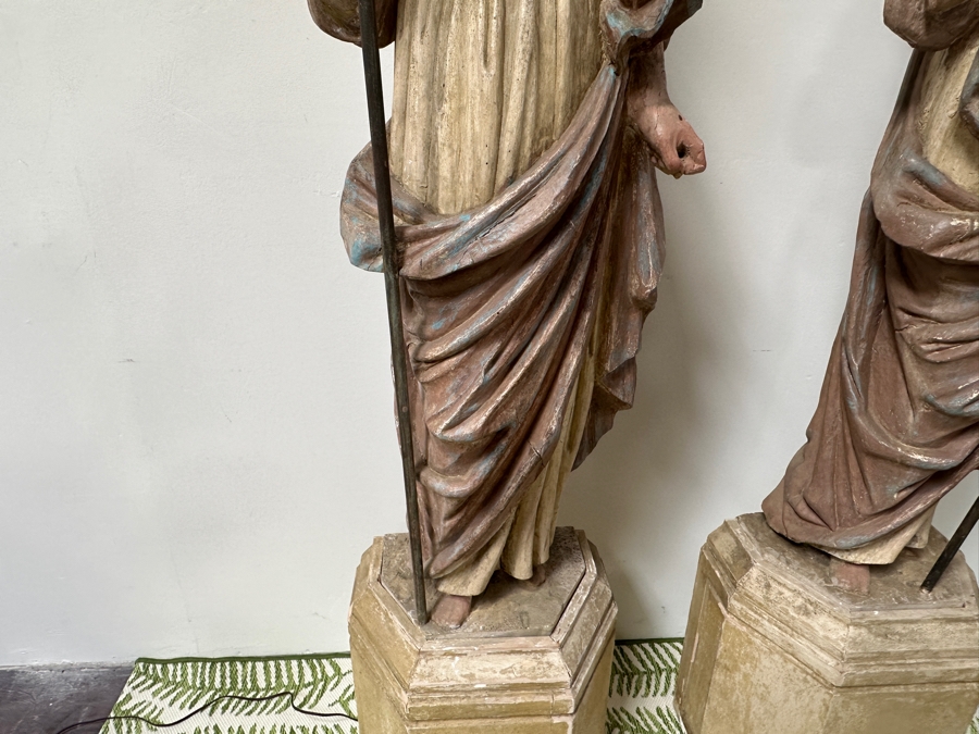 Pair Of 20th Century Hand Painted Polychrome Plaster Saints Holding Wrought Iron Candelabras On Wooden Conforming Bases (One Needs Rewiring) 78'H [Photo 11]