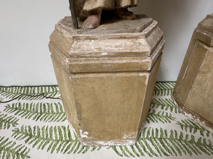Pair Of 20th Century Hand Painted Polychrome Plaster Saints Holding Wrought Iron Candelabras On Wooden Conforming Bases (One Needs Rewiring) 78'H [Photo 15]