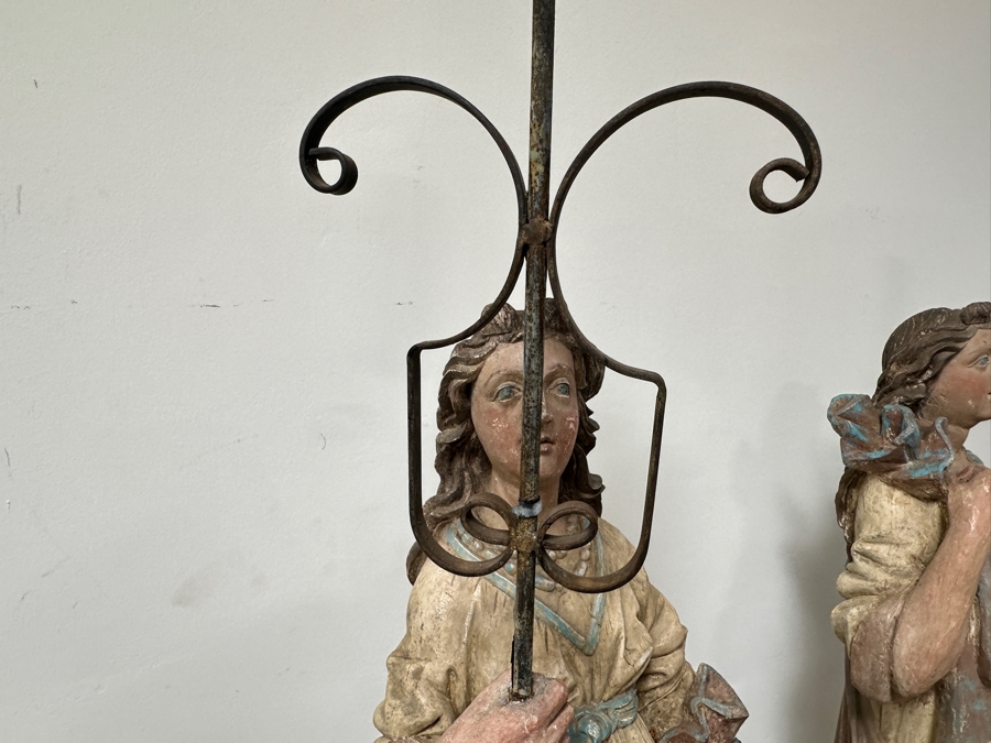 Pair Of 20th Century Hand Painted Polychrome Plaster Saints Holding Wrought Iron Candelabras On Wooden Conforming Bases (One Needs Rewiring) 78'H [Photo 13]