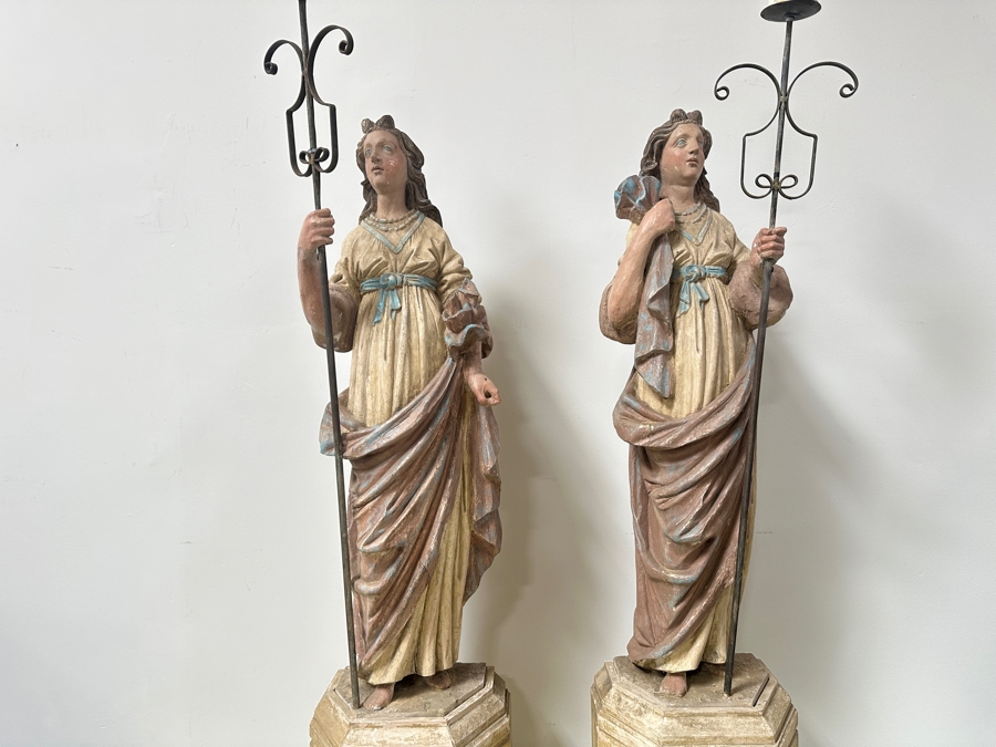 Pair Of 20th Century Hand Painted Polychrome Plaster Saints Holding Wrought Iron Candelabras On Wooden Conforming Bases (One Needs Rewiring) 78'H [Photo 23]