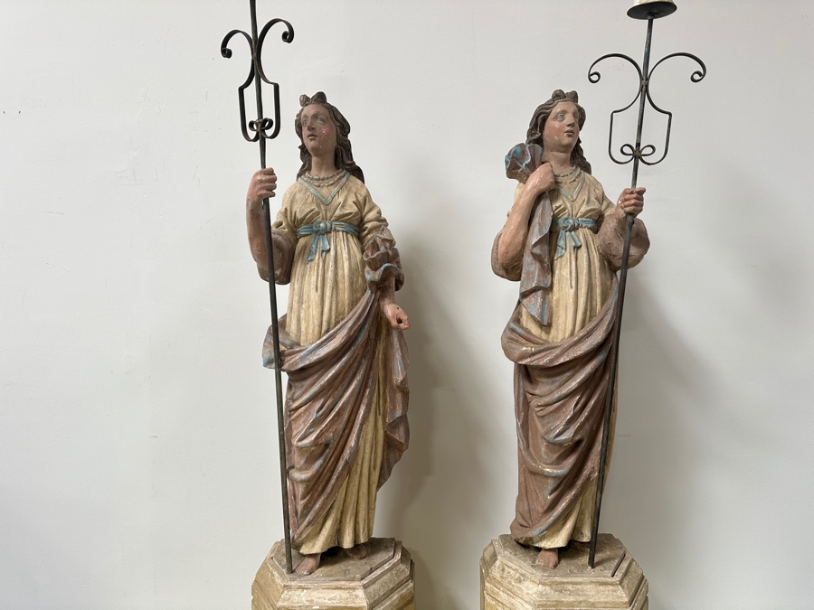 Pair Of 20th Century Hand Painted Polychrome Plaster Saints Holding Wrought Iron Candelabras On Wooden Conforming Bases (One Needs Rewiring) 78'H [Photo 22]