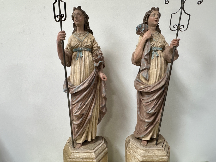 Pair Of 20th Century Hand Painted Polychrome Plaster Saints Holding Wrought Iron Candelabras On Wooden Conforming Bases (One Needs Rewiring) 78'H [Photo 6]