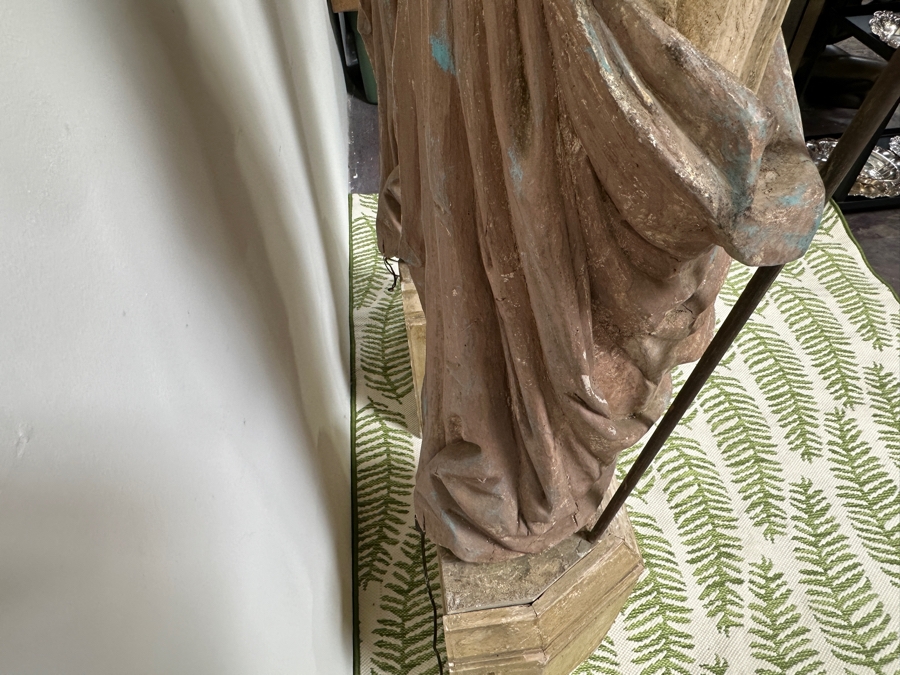 Pair Of 20th Century Hand Painted Polychrome Plaster Saints Holding Wrought Iron Candelabras On Wooden Conforming Bases (One Needs Rewiring) 78'H [Photo 17]