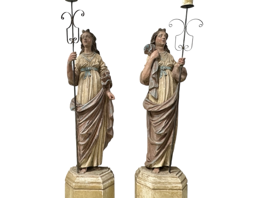 Pair Of 20th Century Hand Painted Polychrome Plaster Saints Holding Wrought Iron Candelabras On Wooden Conforming Bases (One Needs Rewiring) 78'H [Photo 2]
