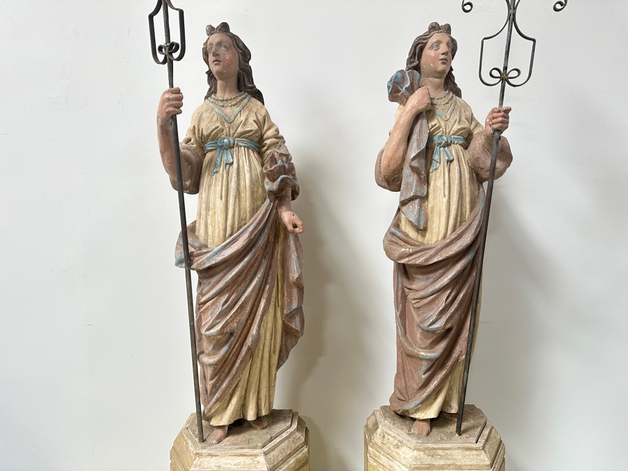 Pair Of 20th Century Hand Painted Polychrome Plaster Saints Holding Wrought Iron Candelabras On Wooden Conforming Bases (One Needs Rewiring) 78'H [Photo 24]