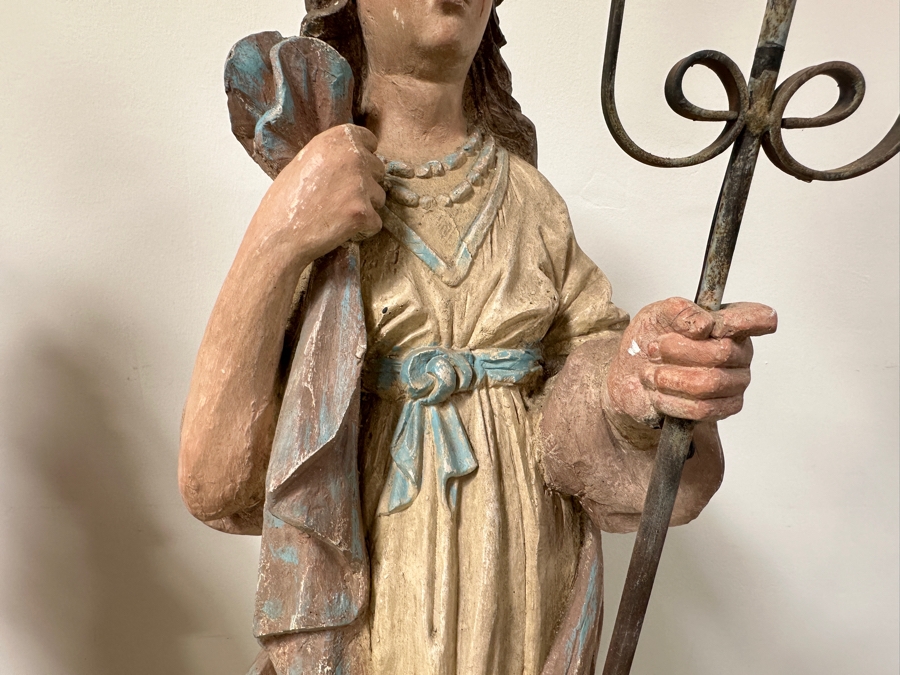 Pair Of 20th Century Hand Painted Polychrome Plaster Saints Holding Wrought Iron Candelabras On Wooden Conforming Bases (One Needs Rewiring) 78'H [Photo 9]