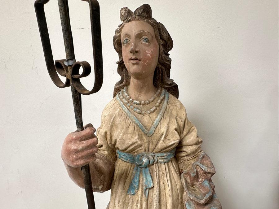 Pair Of 20th Century Hand Painted Polychrome Plaster Saints Holding Wrought Iron Candelabras On Wooden Conforming Bases (One Needs Rewiring) 78'H [Photo 12]