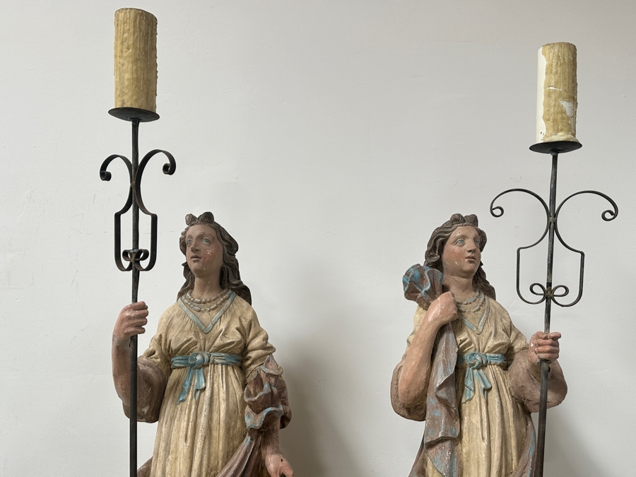 Pair Of 20th Century Hand Painted Polychrome Plaster Saints Holding Wrought Iron Candelabras On Wooden Conforming Bases (One Needs Rewiring) 78'H [Photo 25]