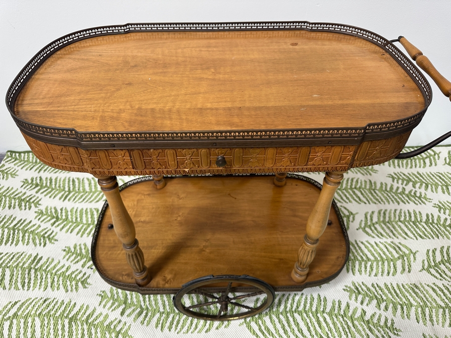 Vintage Oval Italian Tea Bar Cart - Rubber On Brass Wheels Needs Replacing 33.5W X 19D X 28H [Photo 10]