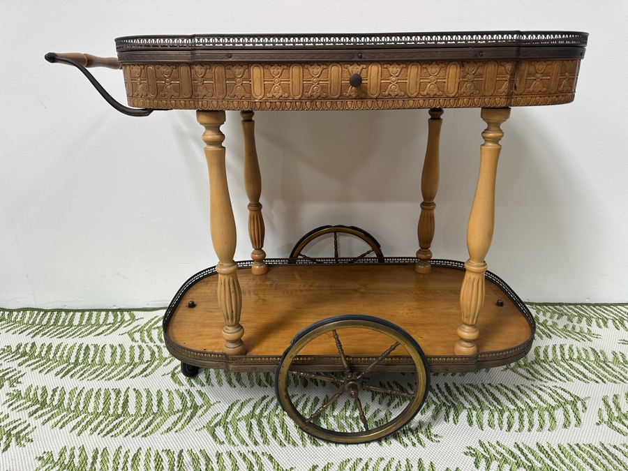Vintage Oval Italian Tea Bar Cart - Rubber On Brass Wheels Needs Replacing 33.5W X 19D X 28H [Photo 4]