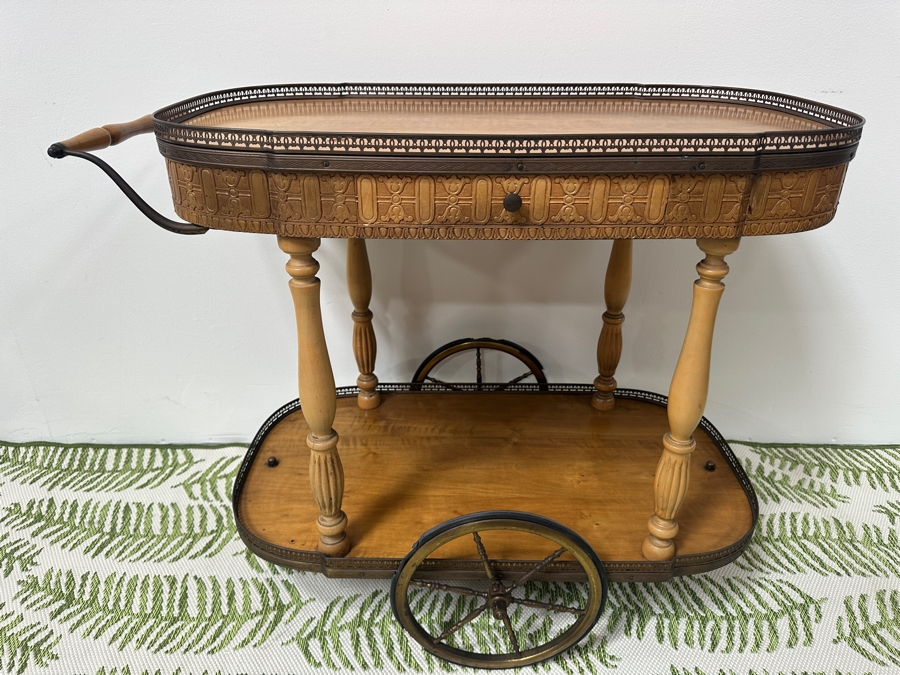 Vintage Oval Italian Tea Bar Cart - Rubber On Brass Wheels Needs Replacing 33.5W X 19D X 28H [Photo 3]