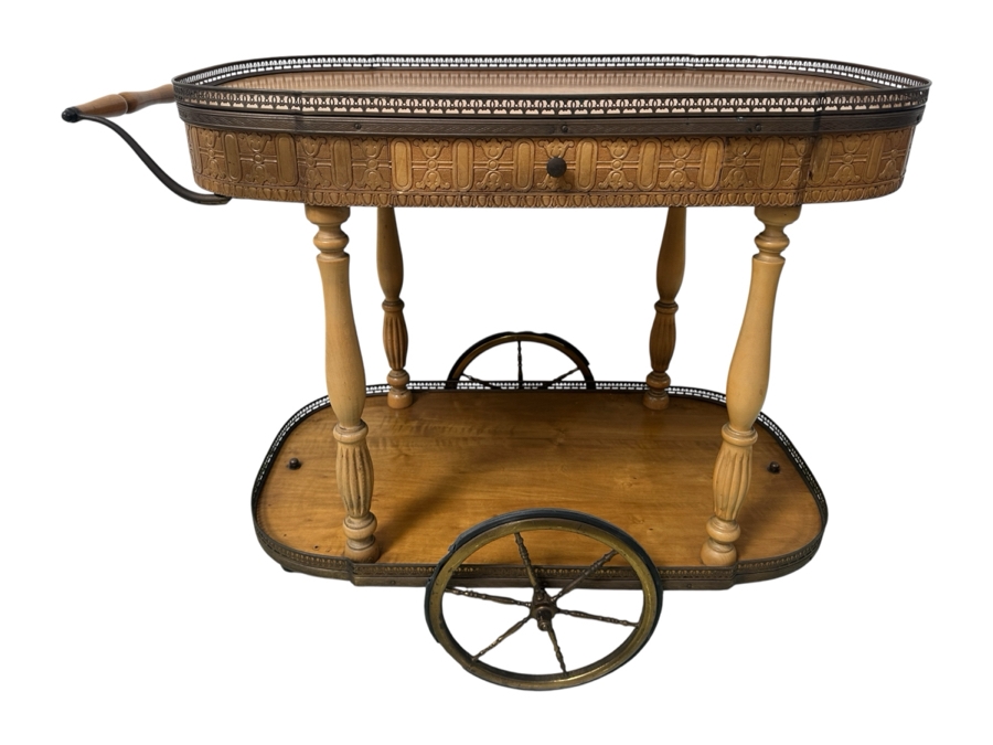 Vintage Oval Italian Tea Bar Cart - Rubber On Brass Wheels Needs Replacing 33.5W X 19D X 28H
