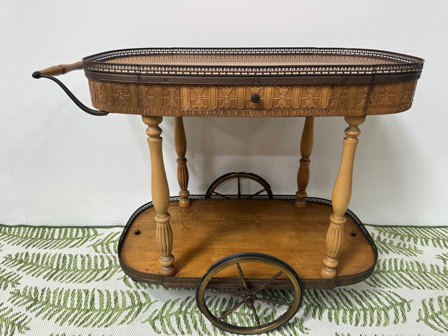 Vintage Oval Italian Tea Bar Cart - Rubber On Brass Wheels Needs Replacing 33.5W X 19D X 28H [Photo 2]