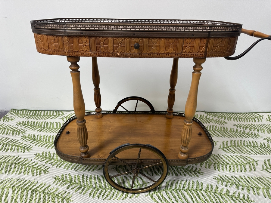 Vintage Oval Italian Tea Bar Cart - Rubber On Brass Wheels Needs Replacing 33.5W X 19D X 28H [Photo 9]