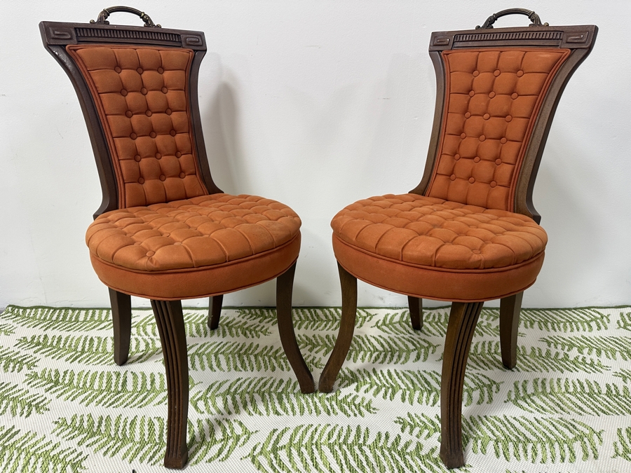 Pair Of French Style Upholstered Chairs With Brass Handle And Colored Button Back Stiff Seats 17.5W X 36H [Photo 3]