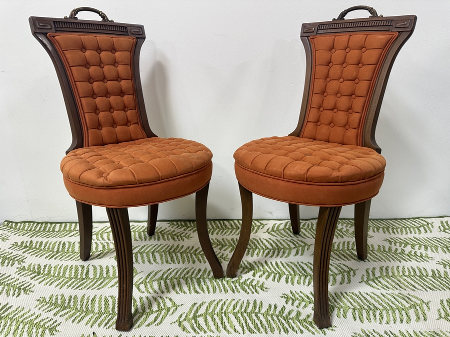 Pair Of French Style Upholstered Chairs With Brass Handle And Colored Button Back Stiff Seats 17.5W X 36H [Photo 4]