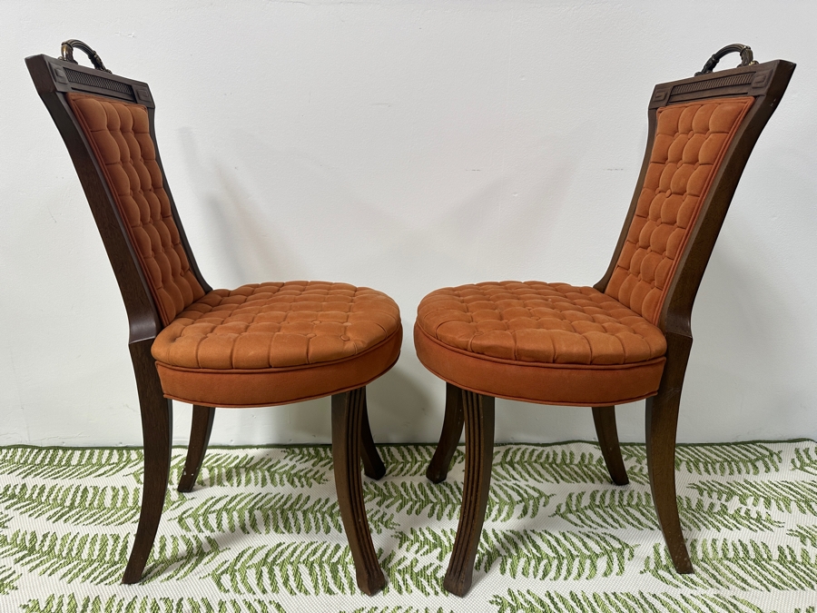 Pair Of French Style Upholstered Chairs With Brass Handle And Colored Button Back Stiff Seats 17.5W X 36H [Photo 5]