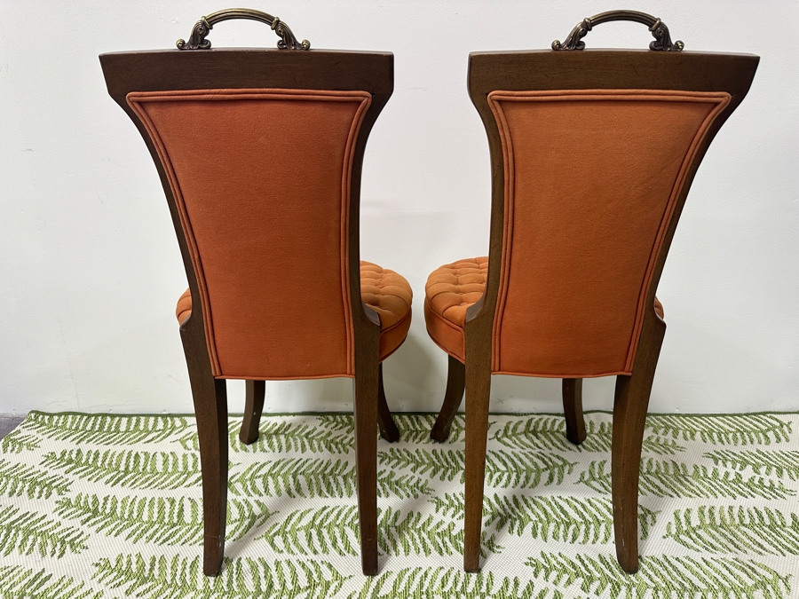 Pair Of French Style Upholstered Chairs With Brass Handle And Colored Button Back Stiff Seats 17.5W X 36H [Photo 6]