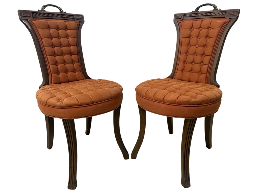 Pair Of French Style Upholstered Chairs With Brass Handle And Colored Button Back Stiff Seats 17.5W X 36H