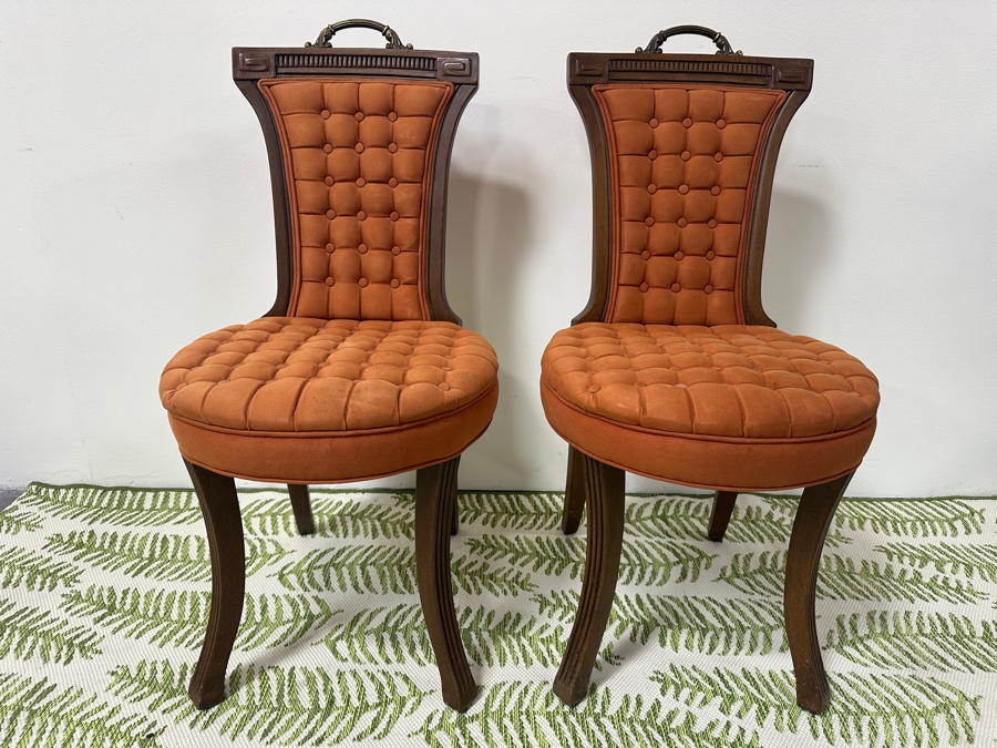 Pair Of French Style Upholstered Chairs With Brass Handle And Colored Button Back Stiff Seats 17.5W X 36H [Photo 2]