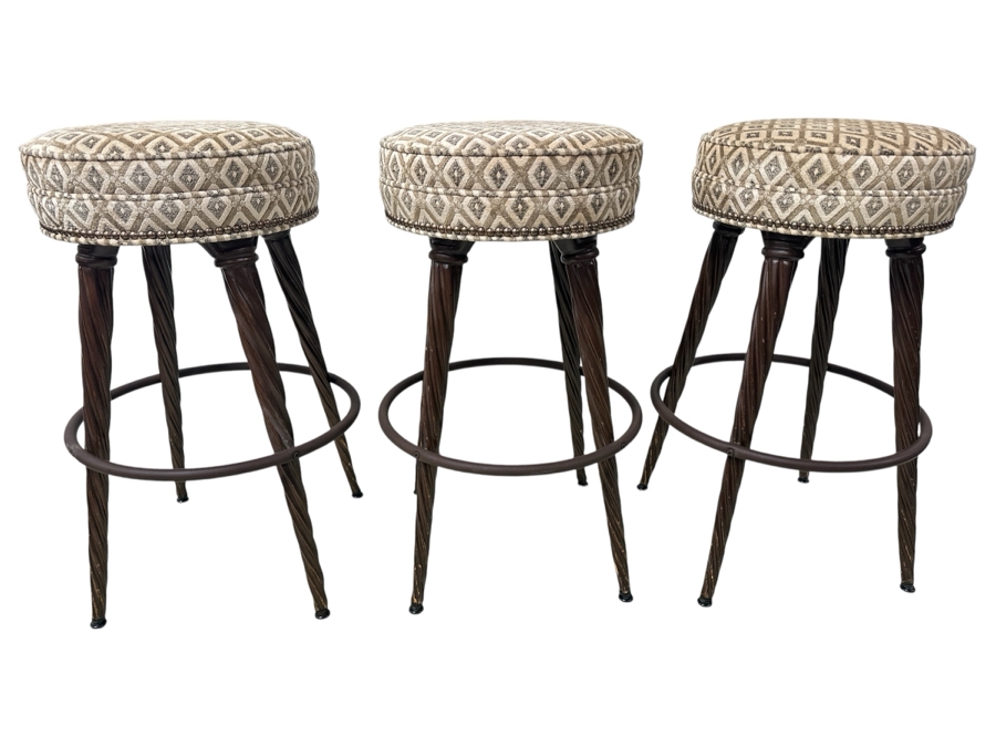 (3) Wooden Twisted Leg Swivel Bar Stools Backless Over Upholstered Round Seats With Lower Metal Foot Ring 30'H