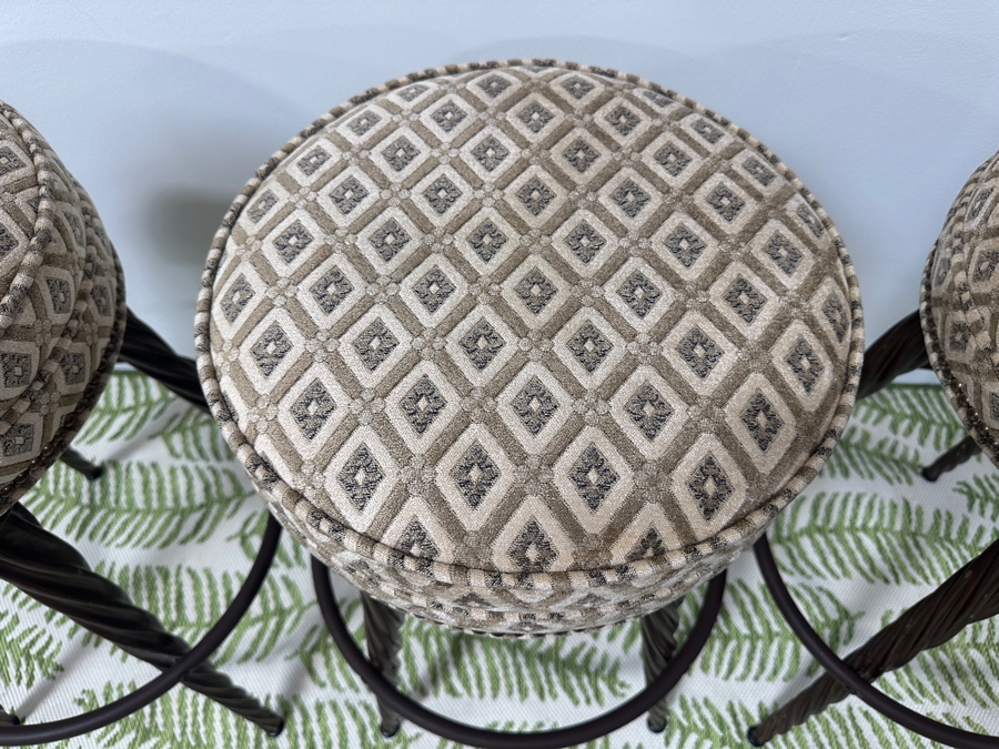 (3) Wooden Twisted Leg Swivel Bar Stools Backless Over Upholstered Round Seats With Lower Metal Foot Ring 30'H [Photo 8]