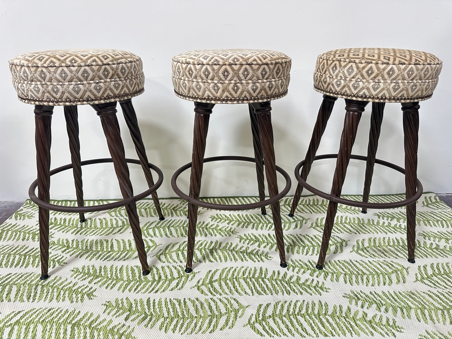 (3) Wooden Twisted Leg Swivel Bar Stools Backless Over Upholstered Round Seats With Lower Metal Foot Ring 30'H [Photo 5]
