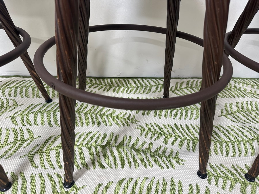 (3) Wooden Twisted Leg Swivel Bar Stools Backless Over Upholstered Round Seats With Lower Metal Foot Ring 30'H [Photo 7]