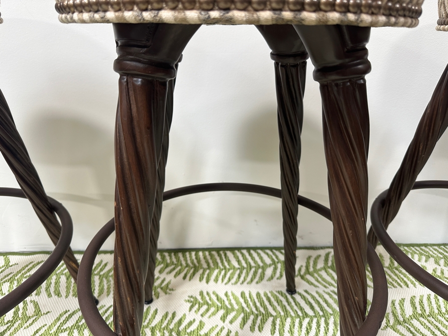 (3) Wooden Twisted Leg Swivel Bar Stools Backless Over Upholstered Round Seats With Lower Metal Foot Ring 30'H [Photo 6]