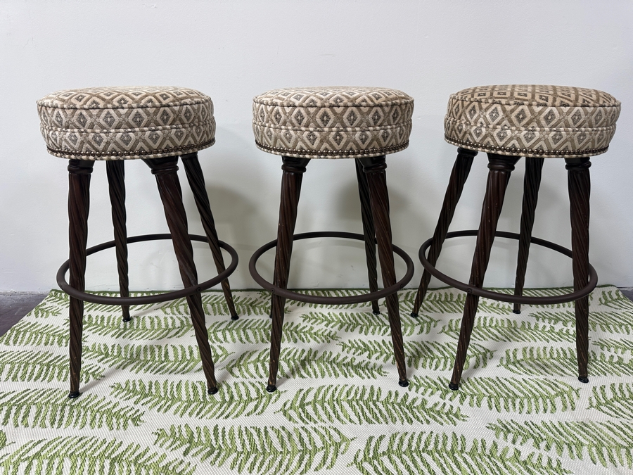 (3) Wooden Twisted Leg Swivel Bar Stools Backless Over Upholstered Round Seats With Lower Metal Foot Ring 30'H [Photo 2]