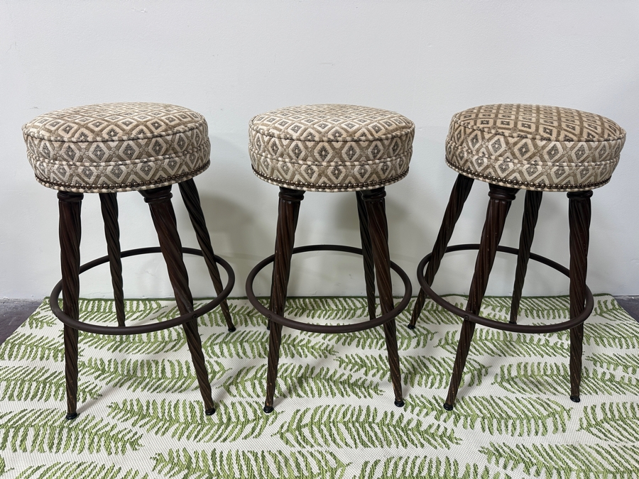 (3) Wooden Twisted Leg Swivel Bar Stools Backless Over Upholstered Round Seats With Lower Metal Foot Ring 30'H [Photo 3]