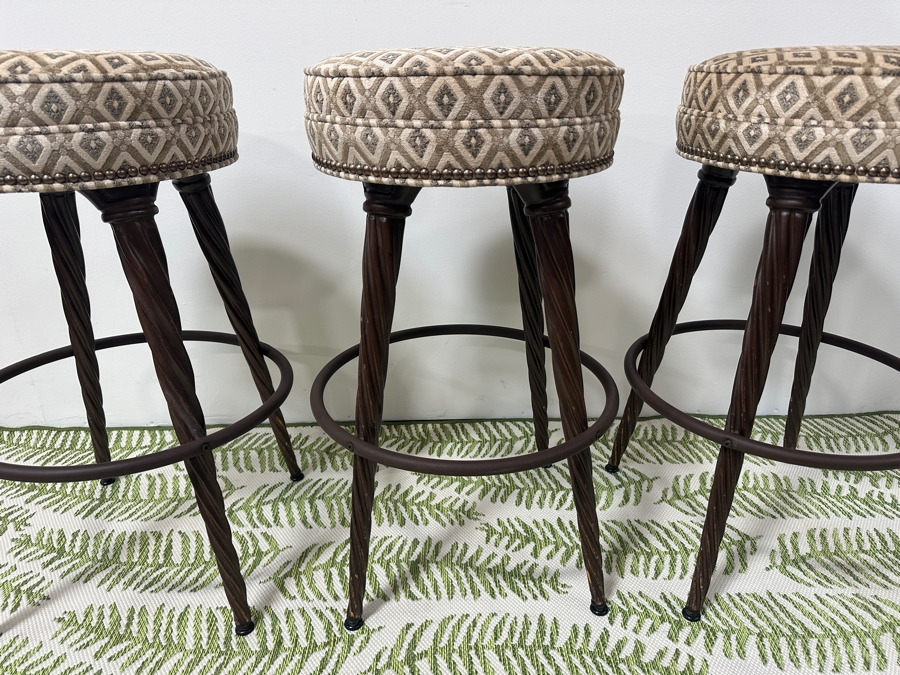 (3) Wooden Twisted Leg Swivel Bar Stools Backless Over Upholstered Round Seats With Lower Metal Foot Ring 30'H [Photo 4]
