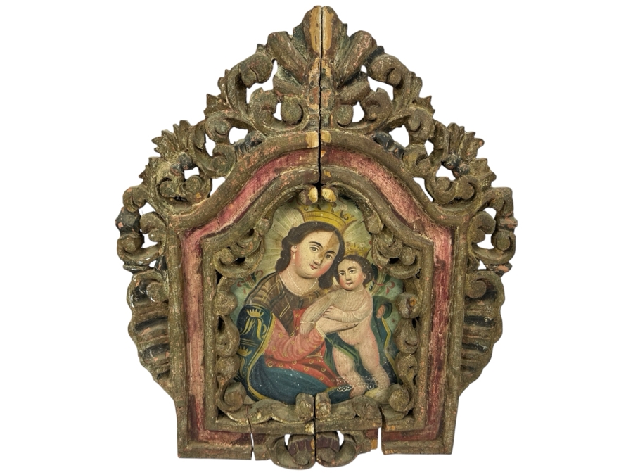 Vintage Hand Painted Retablo Polychrome On Tin Retablo Painting Of The Madonna And Baby Jesus Surrounded By A Vintage Polychrome Wooden Carved Frame 18.5W X 22.5H [Photo 2]