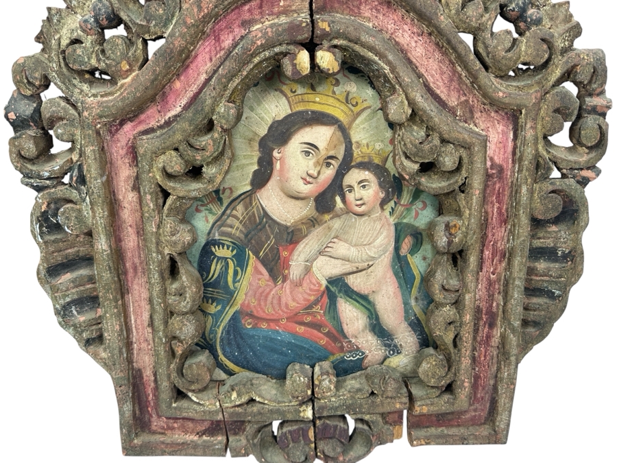 Vintage Hand Painted Retablo Polychrome On Tin Retablo Painting Of The Madonna And Baby Jesus Surrounded By A Vintage Polychrome Wooden Carved Frame 18.5W X 22.5H
