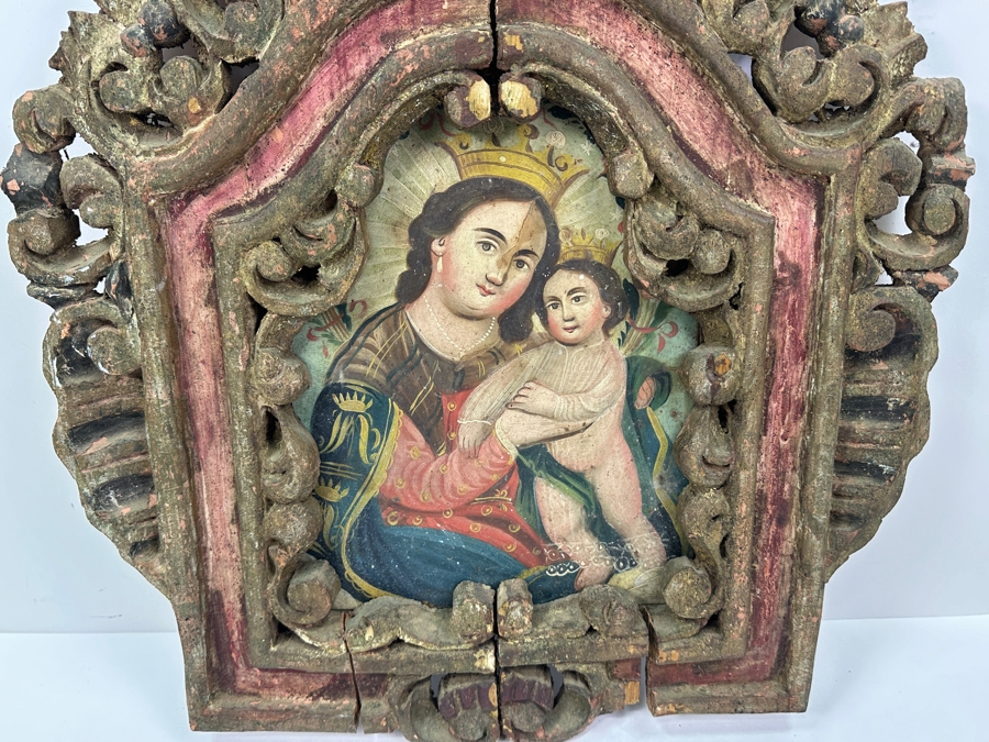 Vintage Hand Painted Retablo Polychrome On Tin Retablo Painting Of The Madonna And Baby Jesus Surrounded By A Vintage Polychrome Wooden Carved Frame 18.5W X 22.5H [Photo 5]