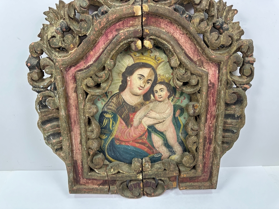 Vintage Hand Painted Retablo Polychrome On Tin Retablo Painting Of The Madonna And Baby Jesus Surrounded By A Vintage Polychrome Wooden Carved Frame 18.5W X 22.5H [Photo 4]