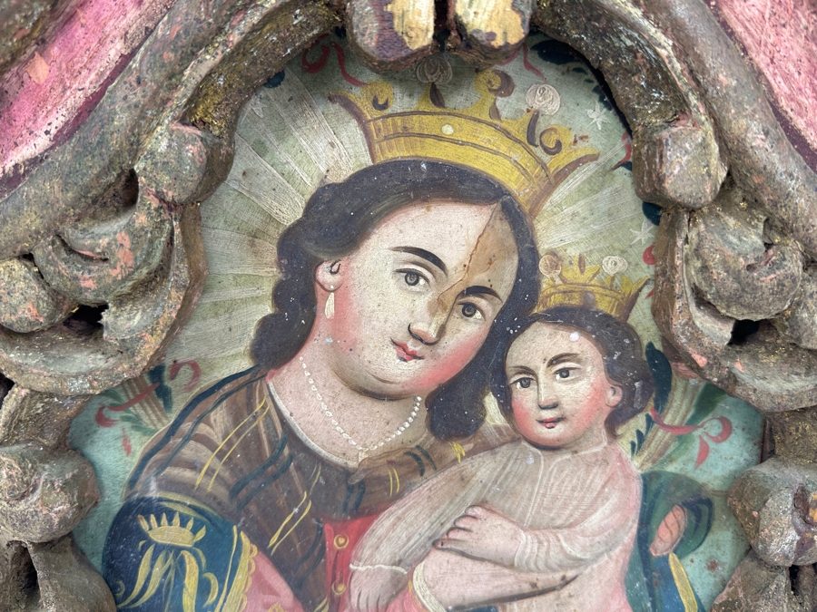Vintage Hand Painted Retablo Polychrome On Tin Retablo Painting Of The Madonna And Baby Jesus Surrounded By A Vintage Polychrome Wooden Carved Frame 18.5W X 22.5H [Photo 6]