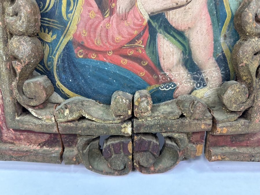 Vintage Hand Painted Retablo Polychrome On Tin Retablo Painting Of The Madonna And Baby Jesus Surrounded By A Vintage Polychrome Wooden Carved Frame 18.5W X 22.5H [Photo 8]