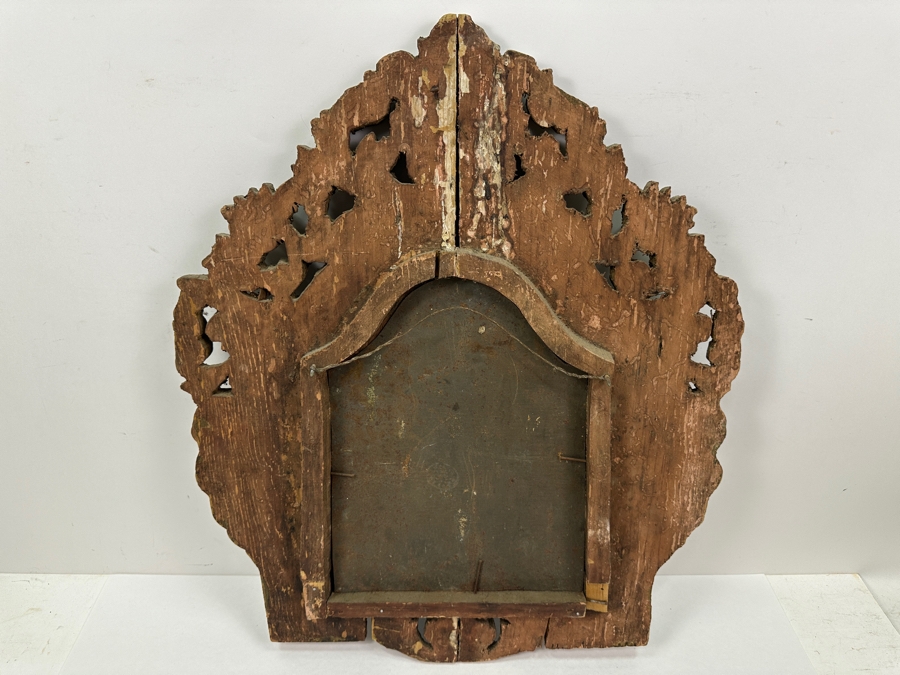 Vintage Hand Painted Retablo Polychrome On Tin Retablo Painting Of The Madonna And Baby Jesus Surrounded By A Vintage Polychrome Wooden Carved Frame 18.5W X 22.5H [Photo 12]