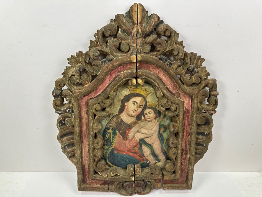 Vintage Hand Painted Retablo Polychrome On Tin Retablo Painting Of The Madonna And Baby Jesus Surrounded By A Vintage Polychrome Wooden Carved Frame 18.5W X 22.5H [Photo 3]