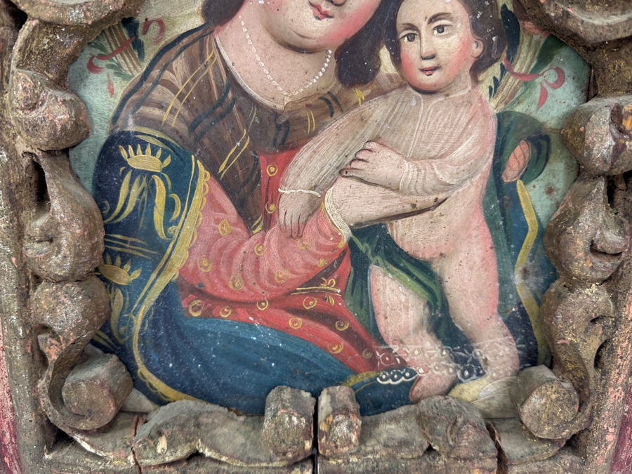 Vintage Hand Painted Retablo Polychrome On Tin Retablo Painting Of The Madonna And Baby Jesus Surrounded By A Vintage Polychrome Wooden Carved Frame 18.5W X 22.5H [Photo 7]