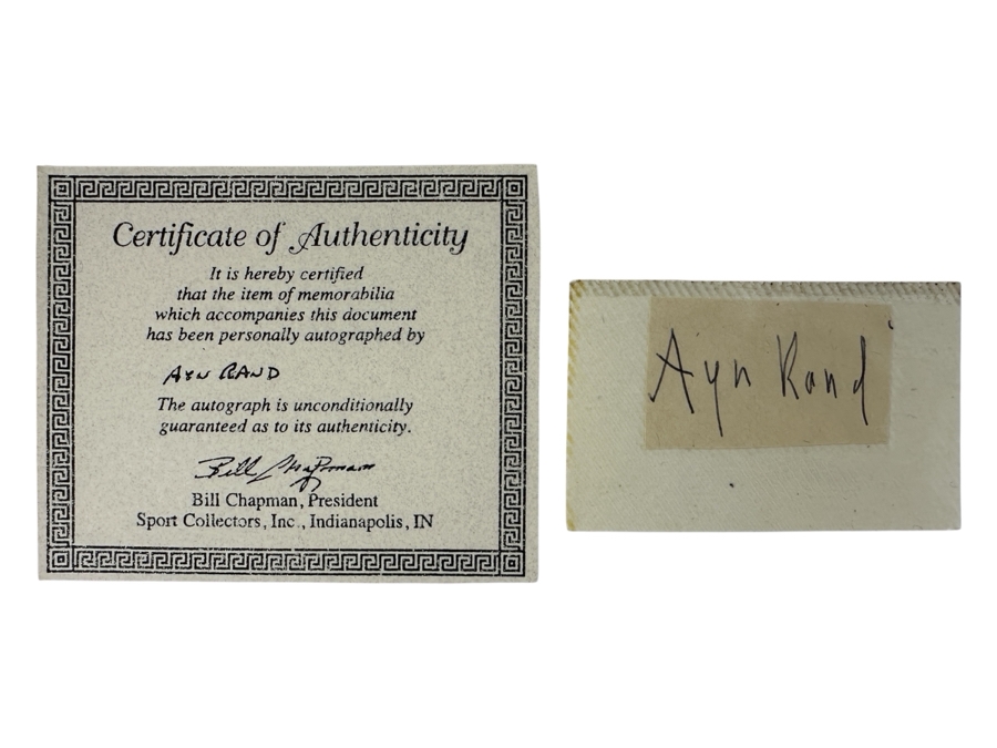 Ayn Rand Signature (Author Of Atlas Shrugged) With Certificate Of Authenticity