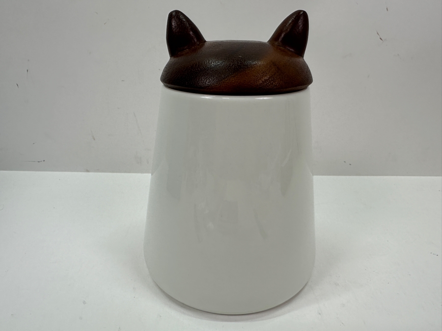 New Nambe Pet Cat Treat Jar Contemporary Design Made Of Acacia Wood & Porcelain 7H [Photo 2]
