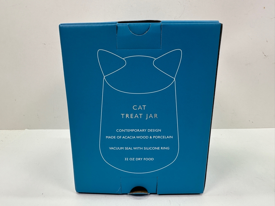 New Nambe Pet Cat Treat Jar Contemporary Design Made Of Acacia Wood & Porcelain 7H [Photo 4]