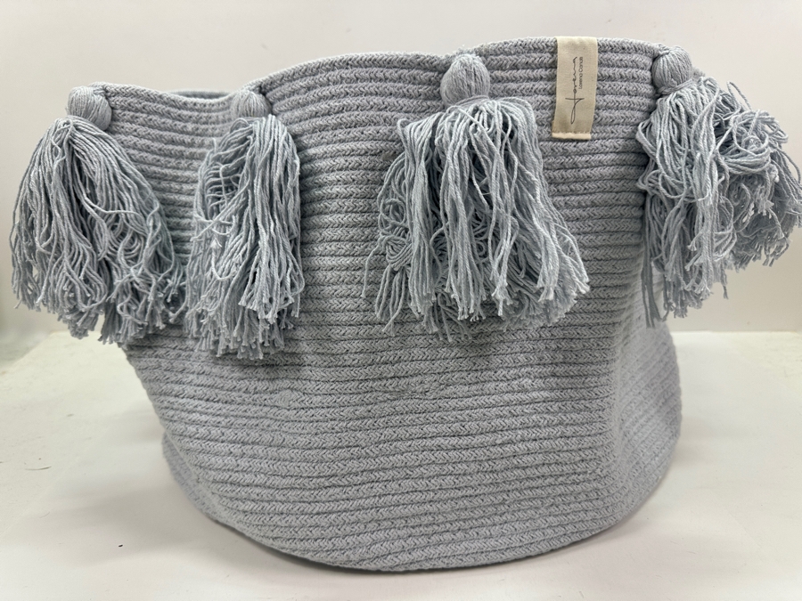 New Lorena Canals Basket Tassels Soft Blue 100% Cotton 45cm X 45cm X 30cm [Photo 3]