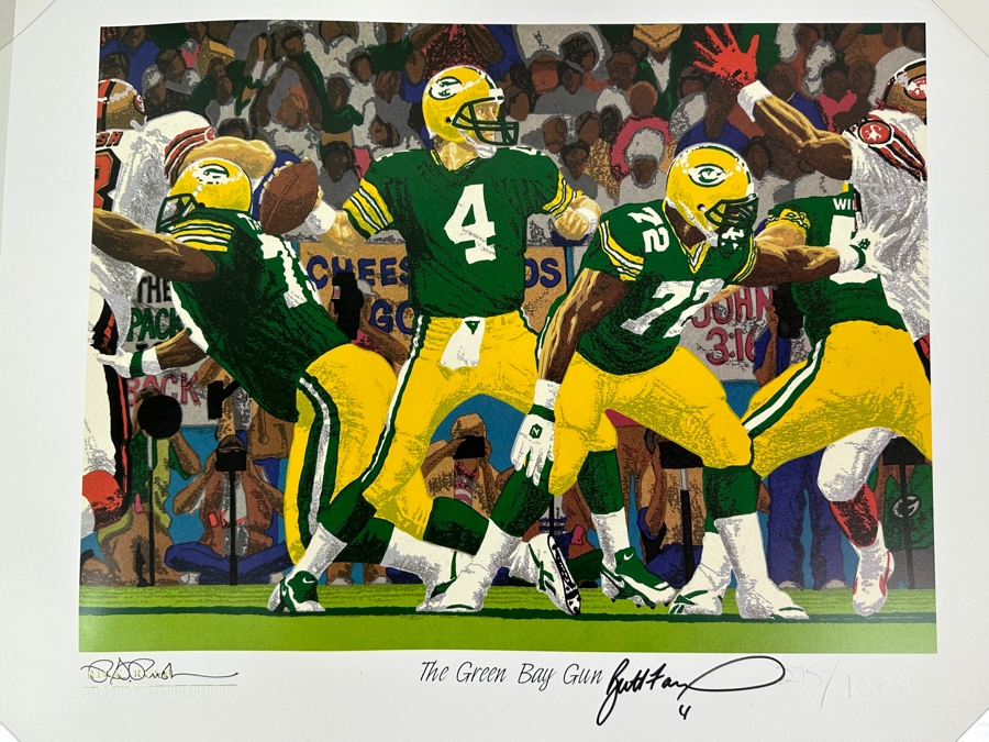 Signed Brett Favre NFL Green Bay Packers Print Titled 'The Green Bay Gun' By Rick A. Rush Numbered 270 Of 1,000 Signed By Brett Favre & Rick Rush 20 X 16