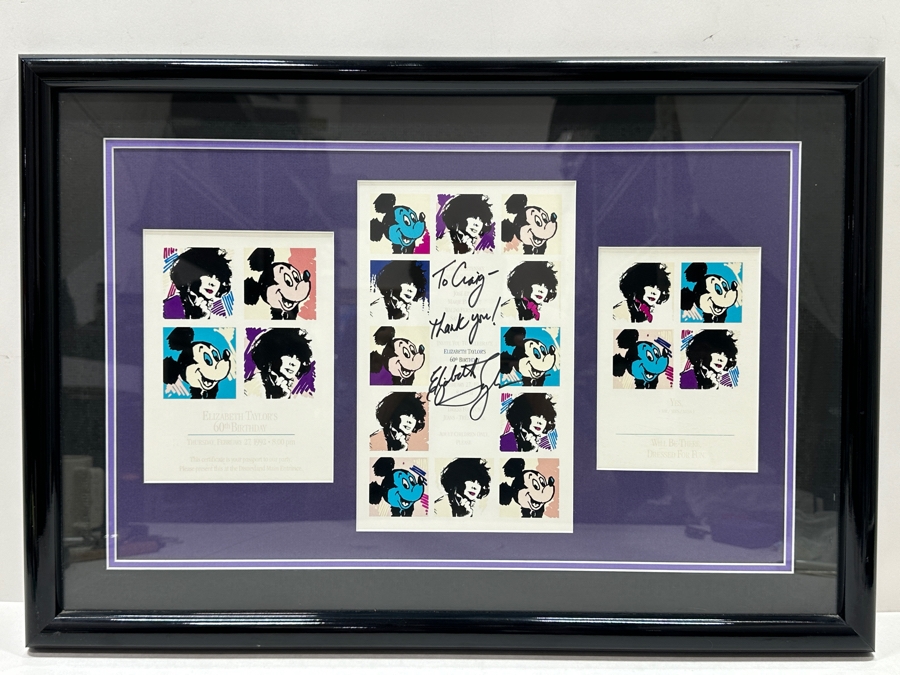 Rare Elizabeth Taylor Autographed Invitation & RSVP Card Designed By Andy Warhol For Her 60th Birthday Party At Disneyland Resort On February 27, 1992 8PM Framed 22 X 15 [Photo 8]