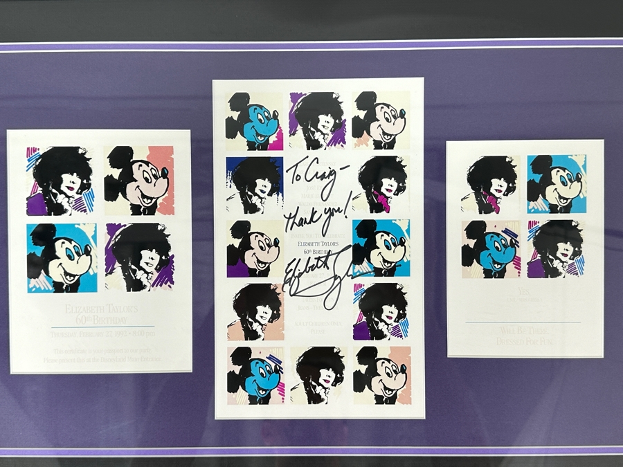 Rare Elizabeth Taylor Autographed Invitation & RSVP Card Designed By Andy Warhol For Her 60th Birthday Party At Disneyland Resort On February 27, 1992 8PM Framed 22 X 15 [Photo 11]