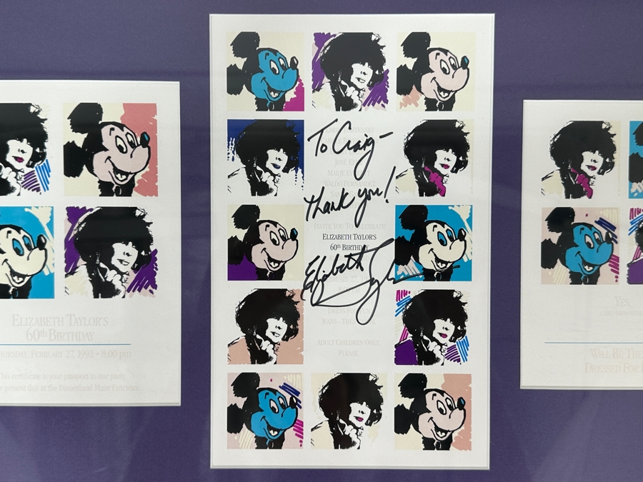 Rare Elizabeth Taylor Autographed Invitation & RSVP Card Designed By Andy Warhol For Her 60th Birthday Party At Disneyland Resort On February 27, 1992 8PM Framed 22 X 15 [Photo 2]